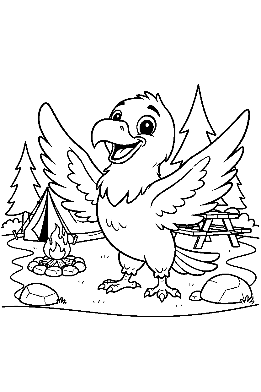 eagle looking happy at a campground line art