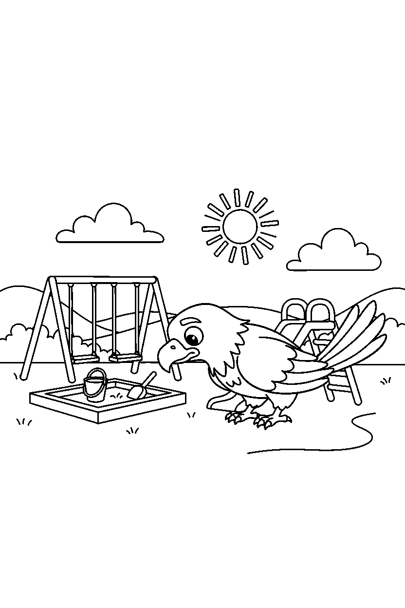 eagle sniffing curiously in a playground line art