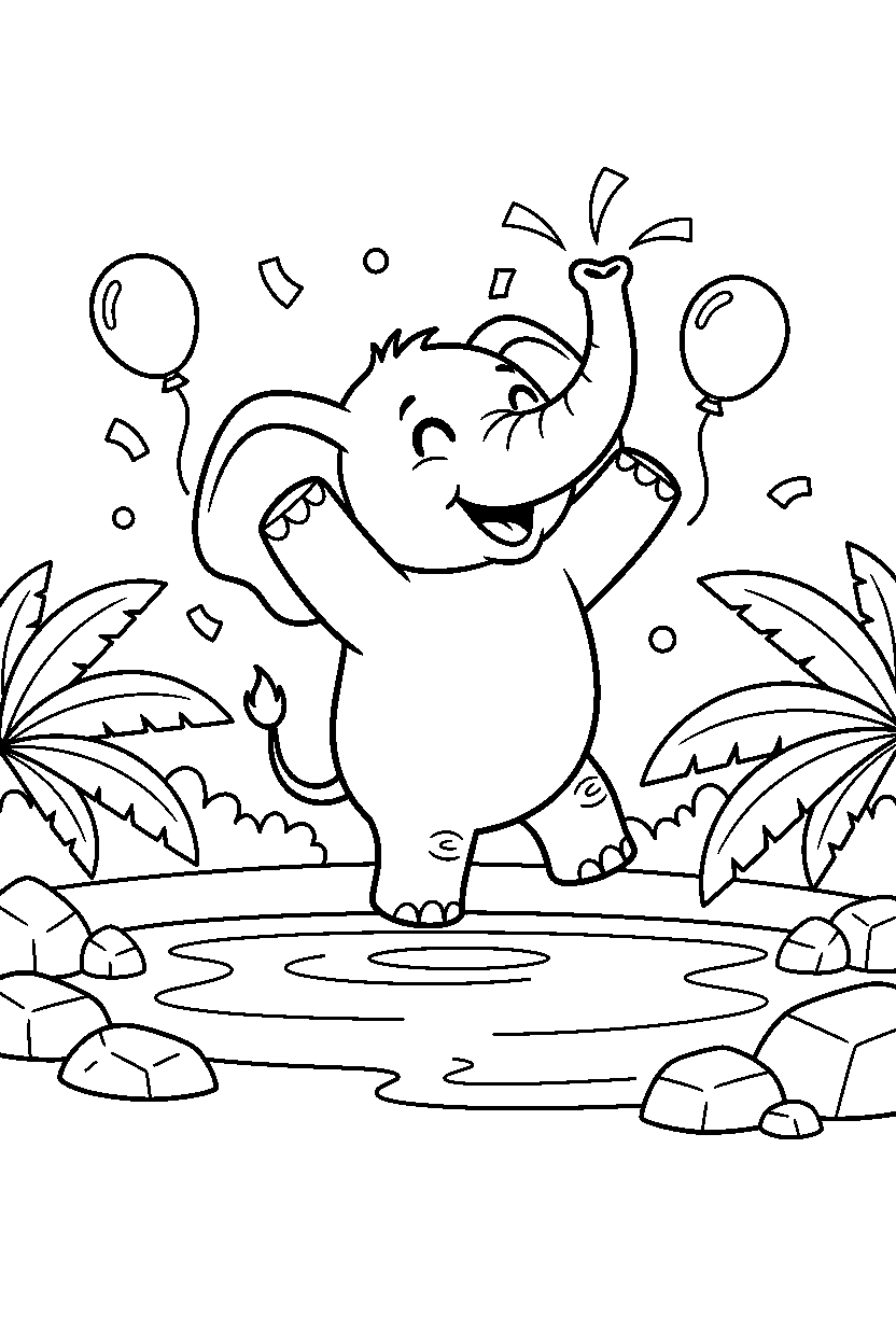 elephant celebrating near a lagoon line art