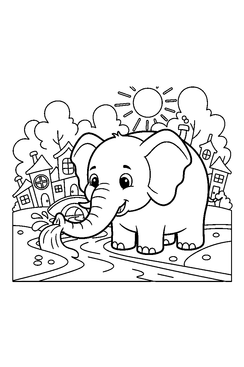 elephant drinking water in a cartoon village line art