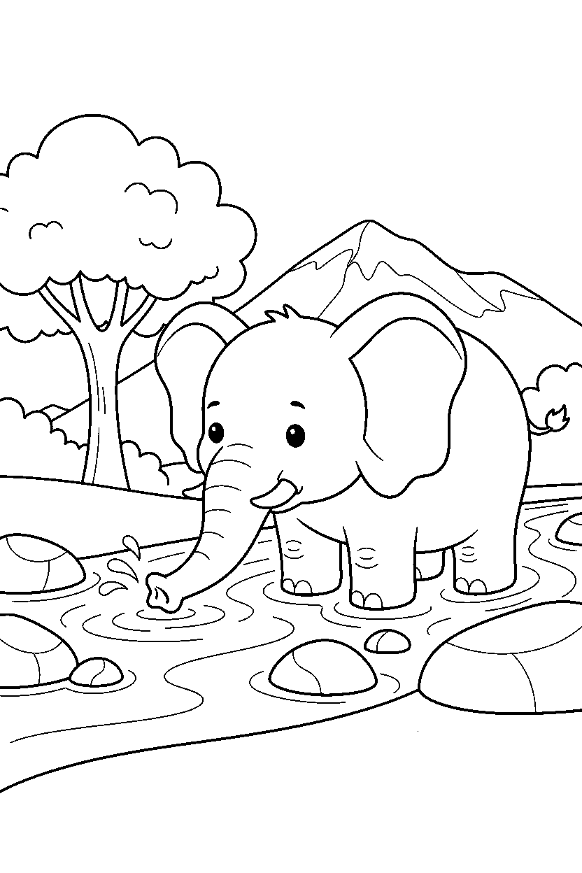 elephant drinking water near a stream line art
