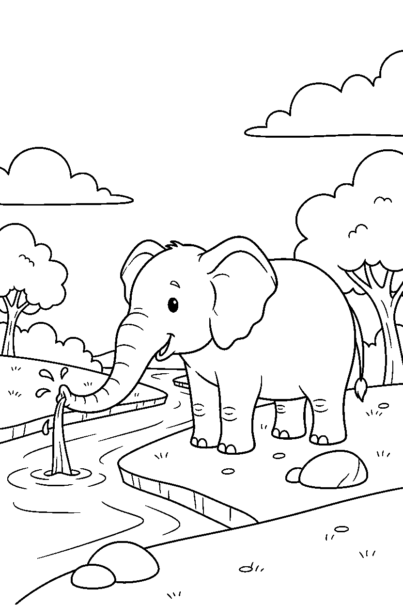 elephant drinking water on a river bank line art
