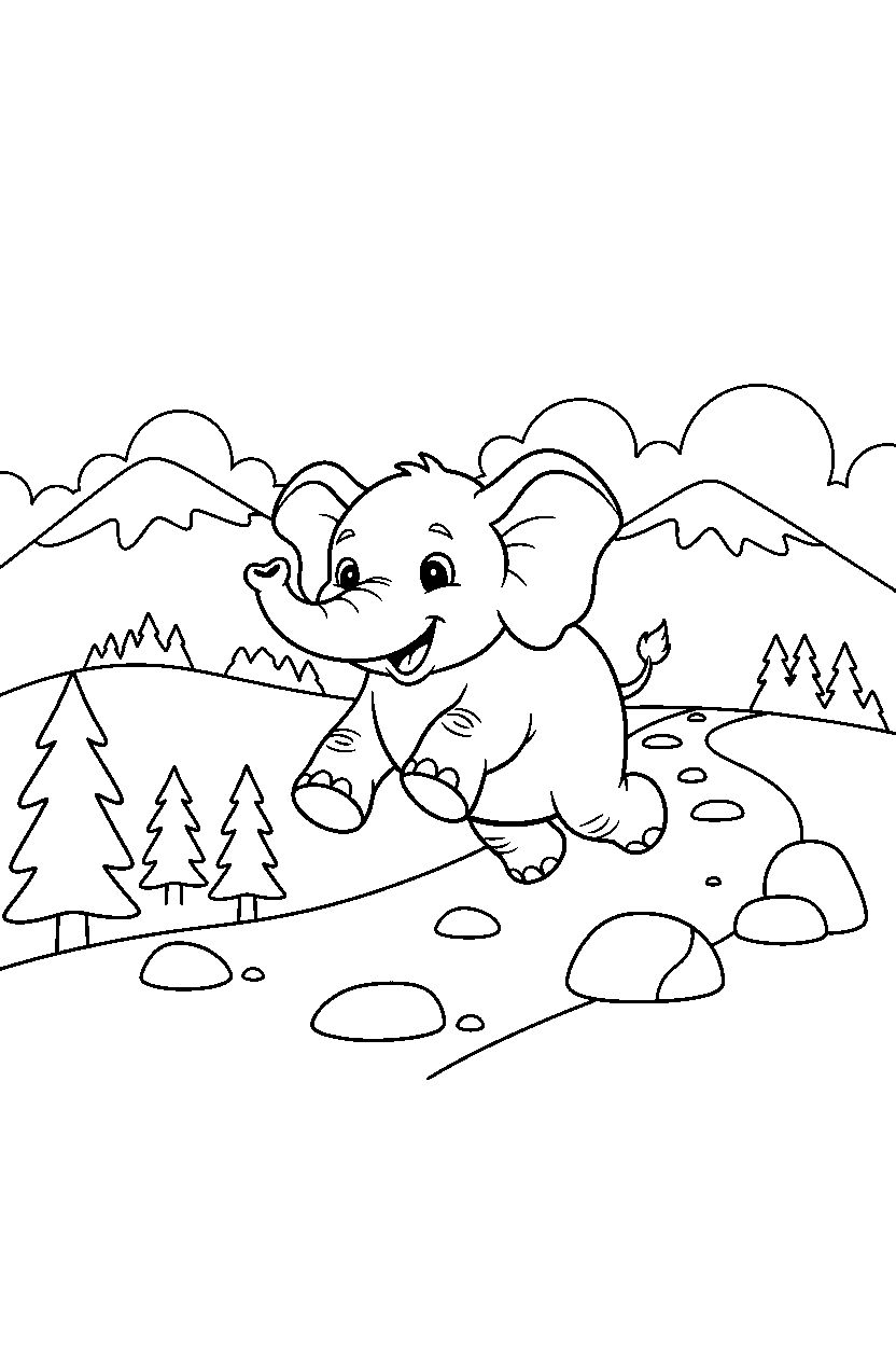 elephant hopping happily on a mountain trail line art