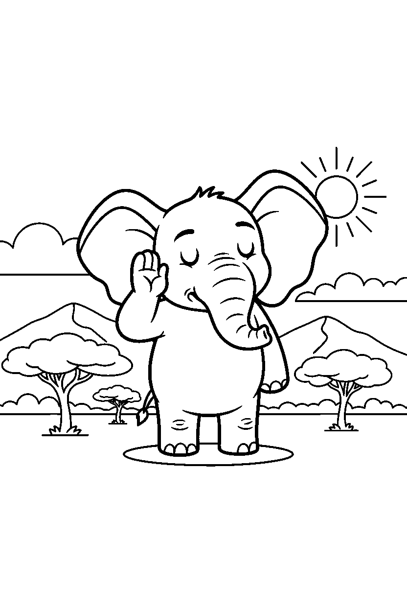 elephant listening carefully on the savanna line art