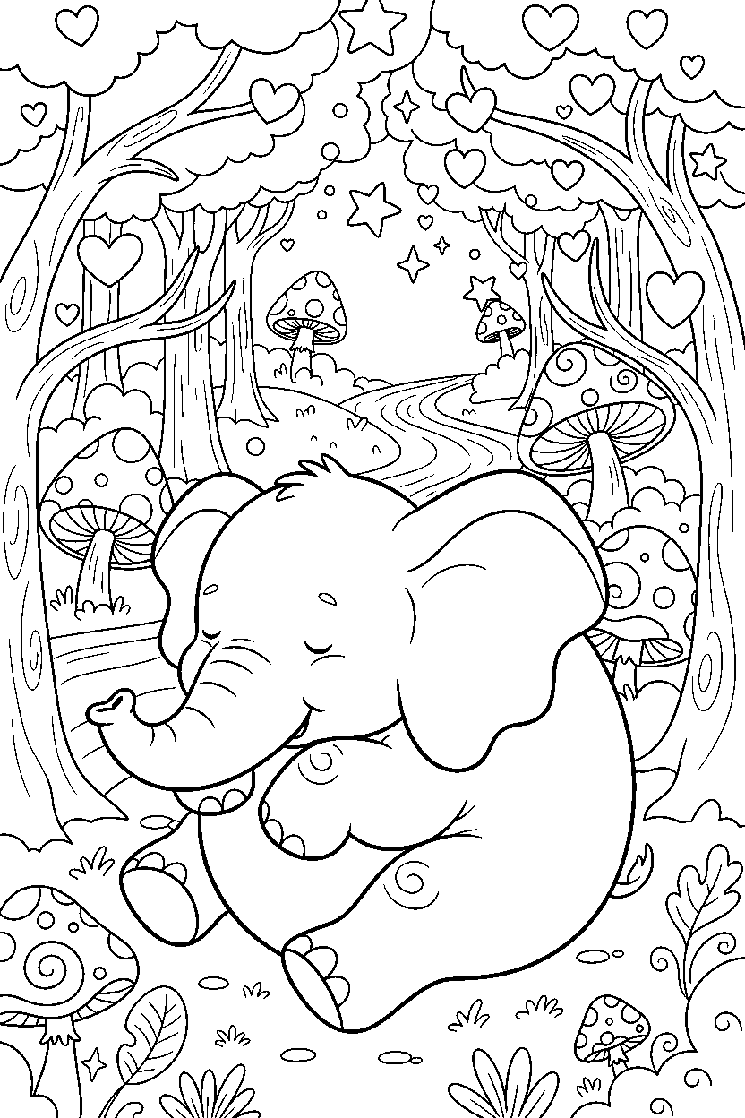 elephant napping calmly in a magical forest line art