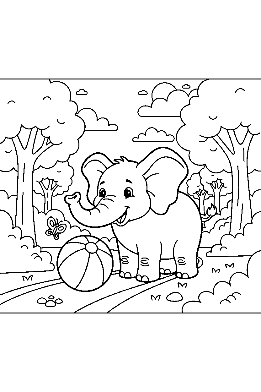 elephant playing with a ball on a forest trail line art