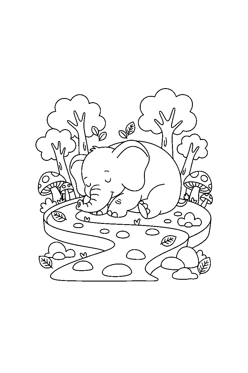 elephant sleeping peacefully on a forest trail line art