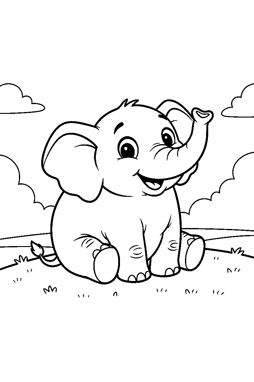 elephant smiling happily on a grassy hill line art
