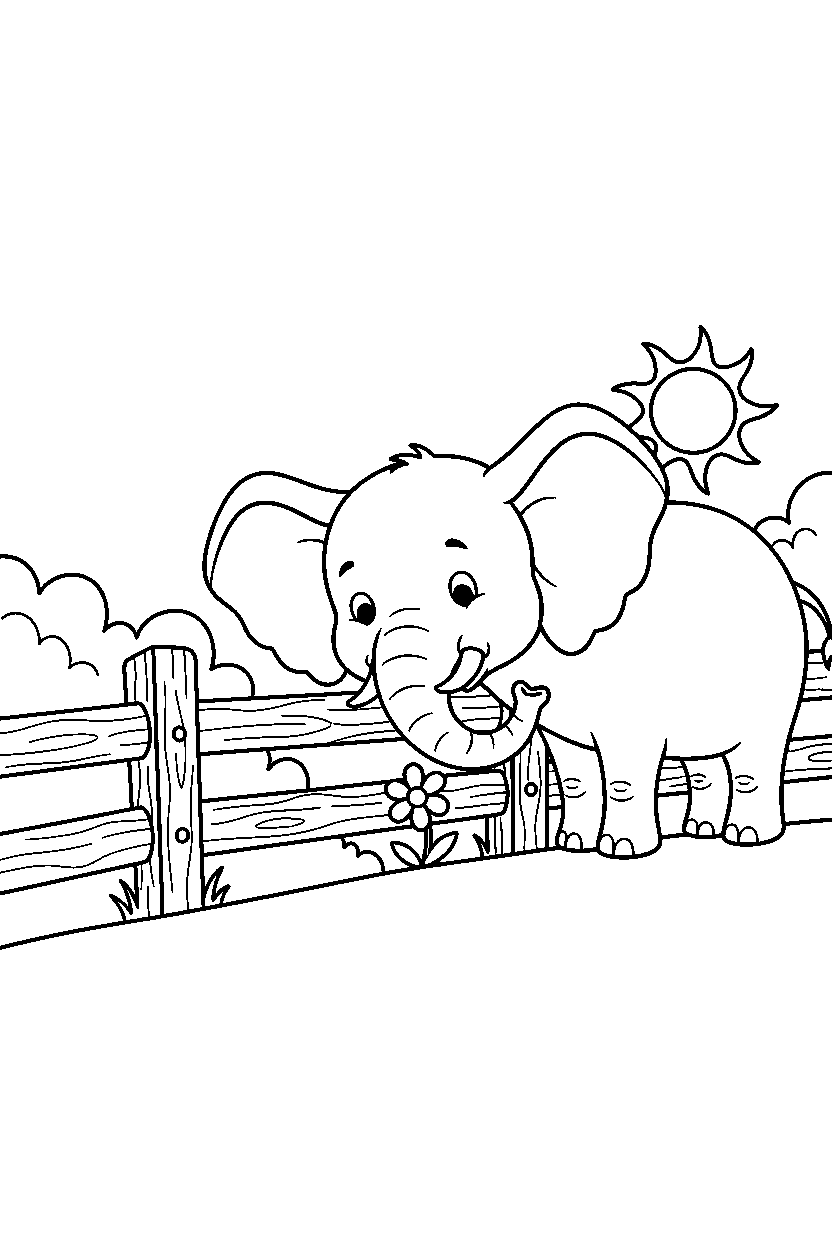 elephant sniffing curiously near a wooden fence line art
