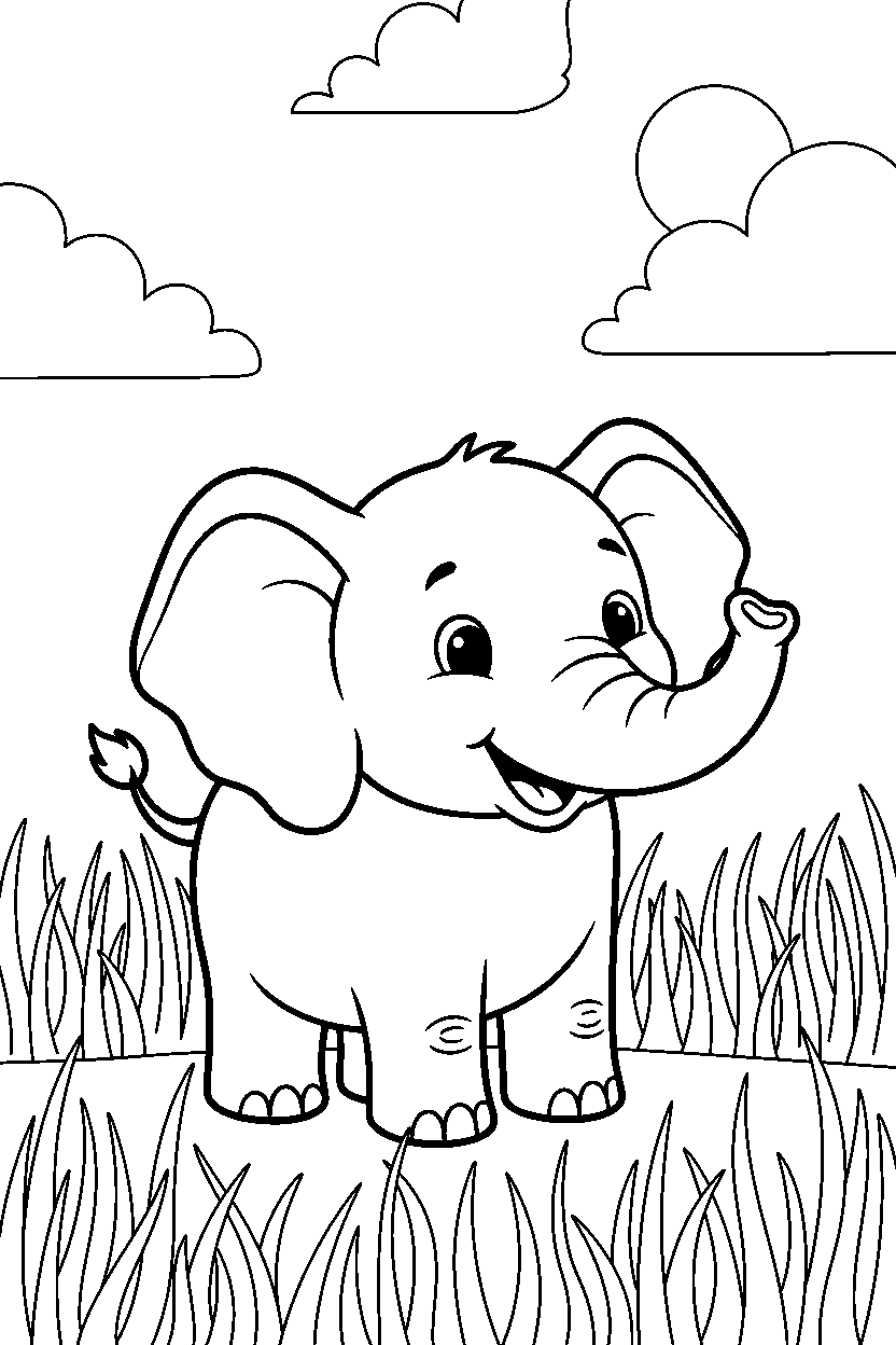 elephant standing happily in tall grass line art