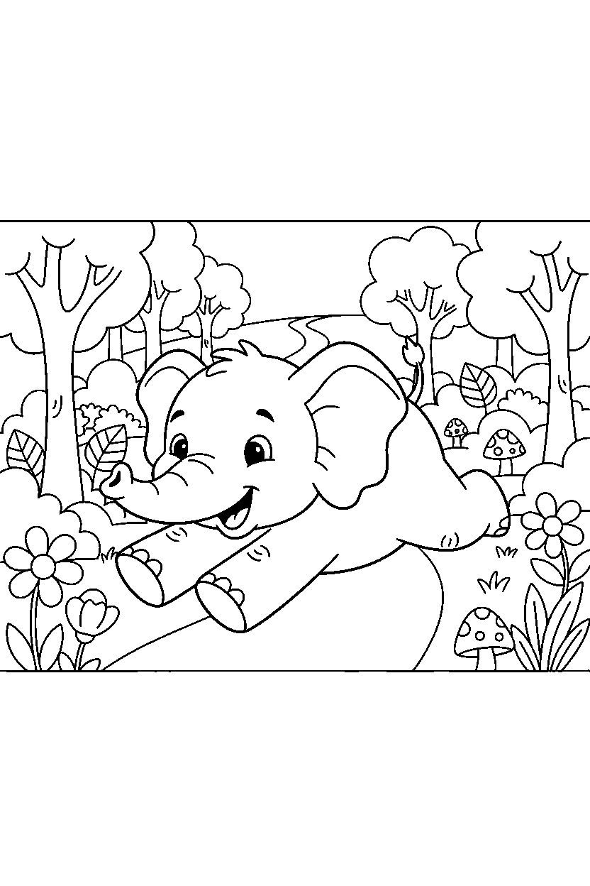 elephant stretching playfully on a forest trail line art