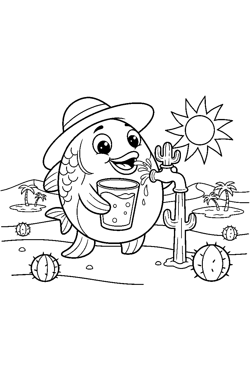 fish drinking water in a desert line art