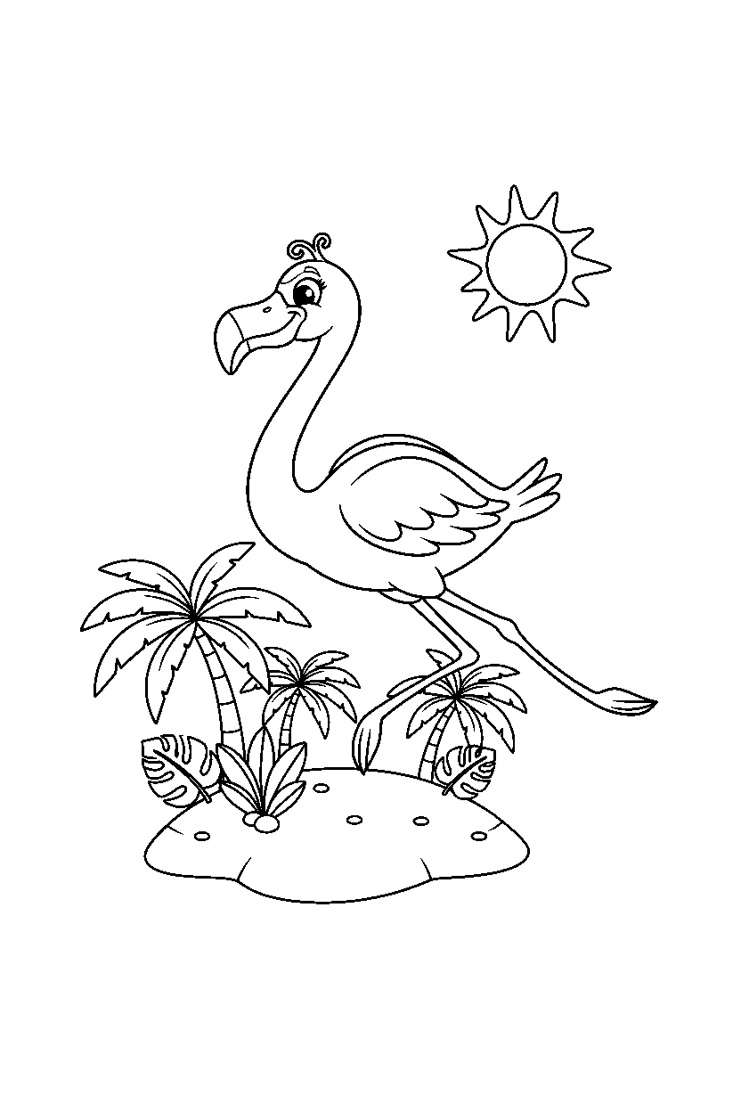 flamingo jumping playfully on a tropical island line art