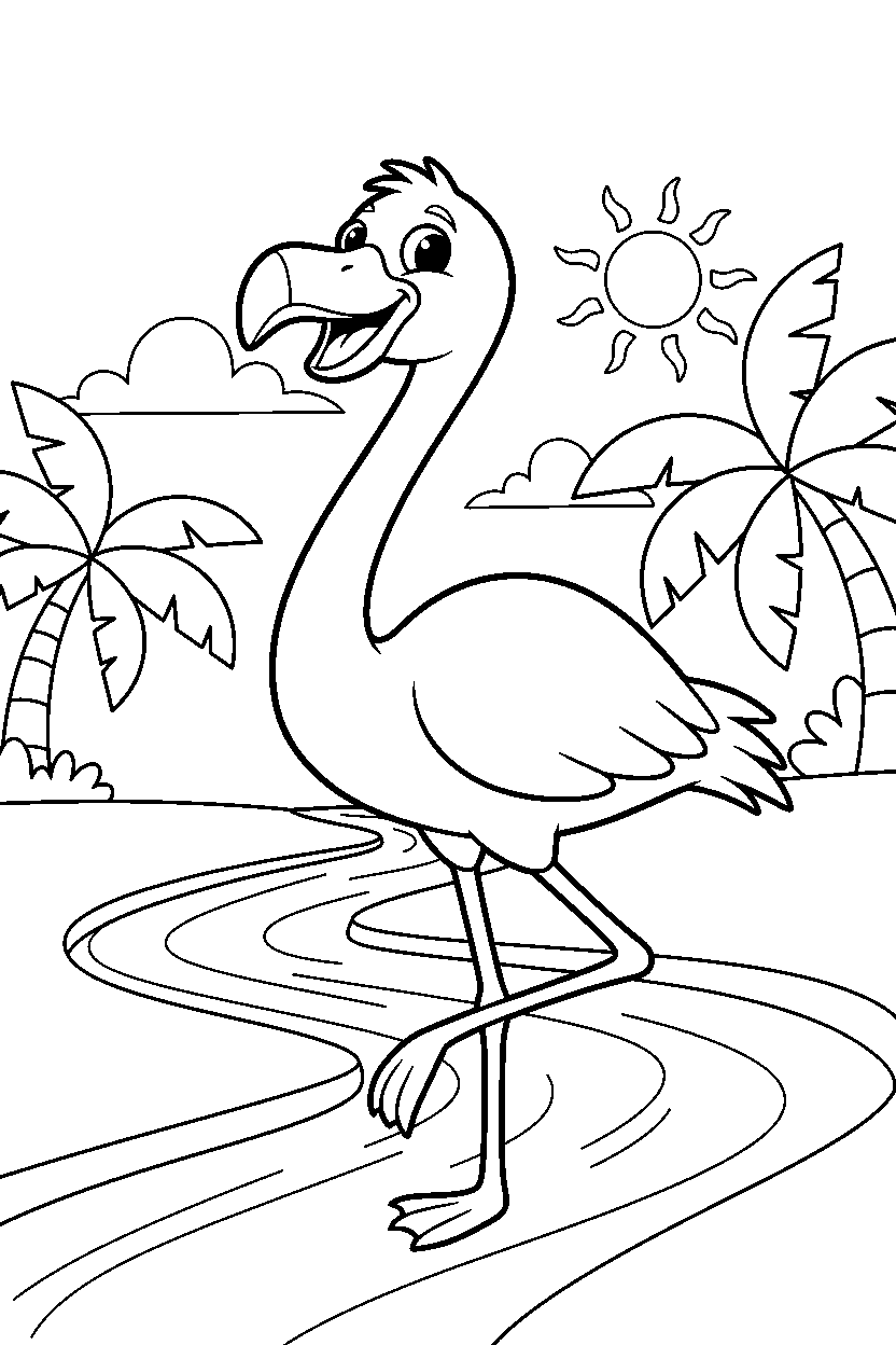 flamingo looking happy near a stream line art