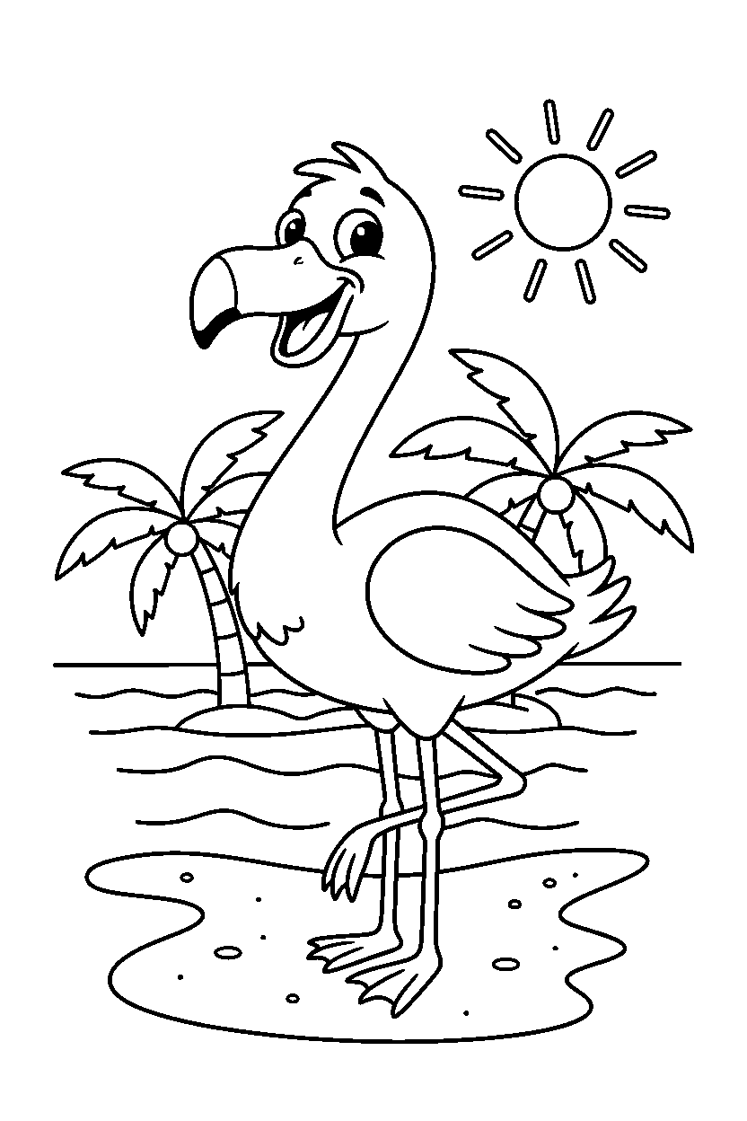 flamingo looking happy on a sandy shore line art