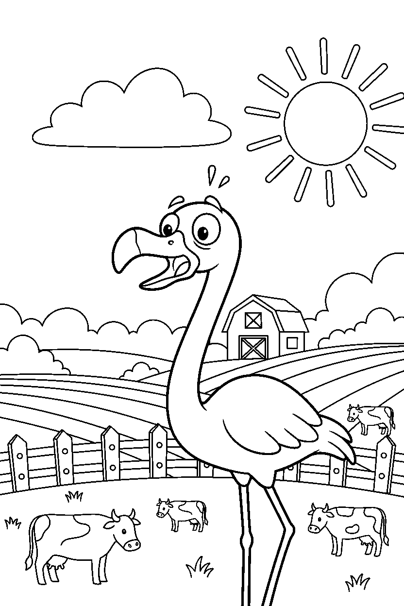 flamingo looking surprised in a farm field line art