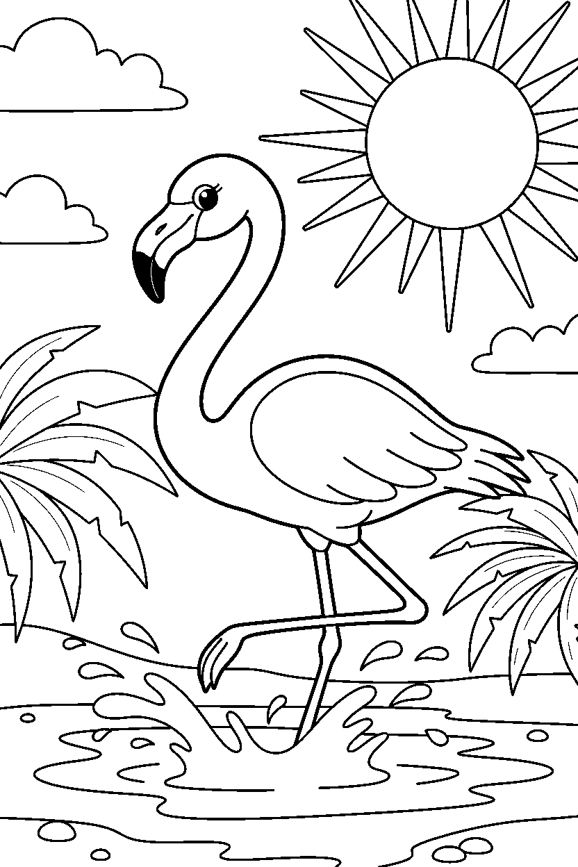 flamingo playing gently in summer sunshine line art