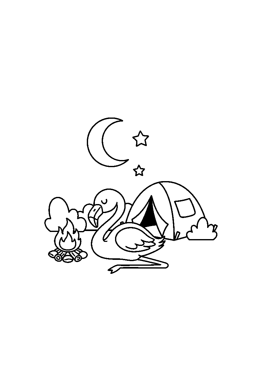 flamingo resting peacefully at a campground line art