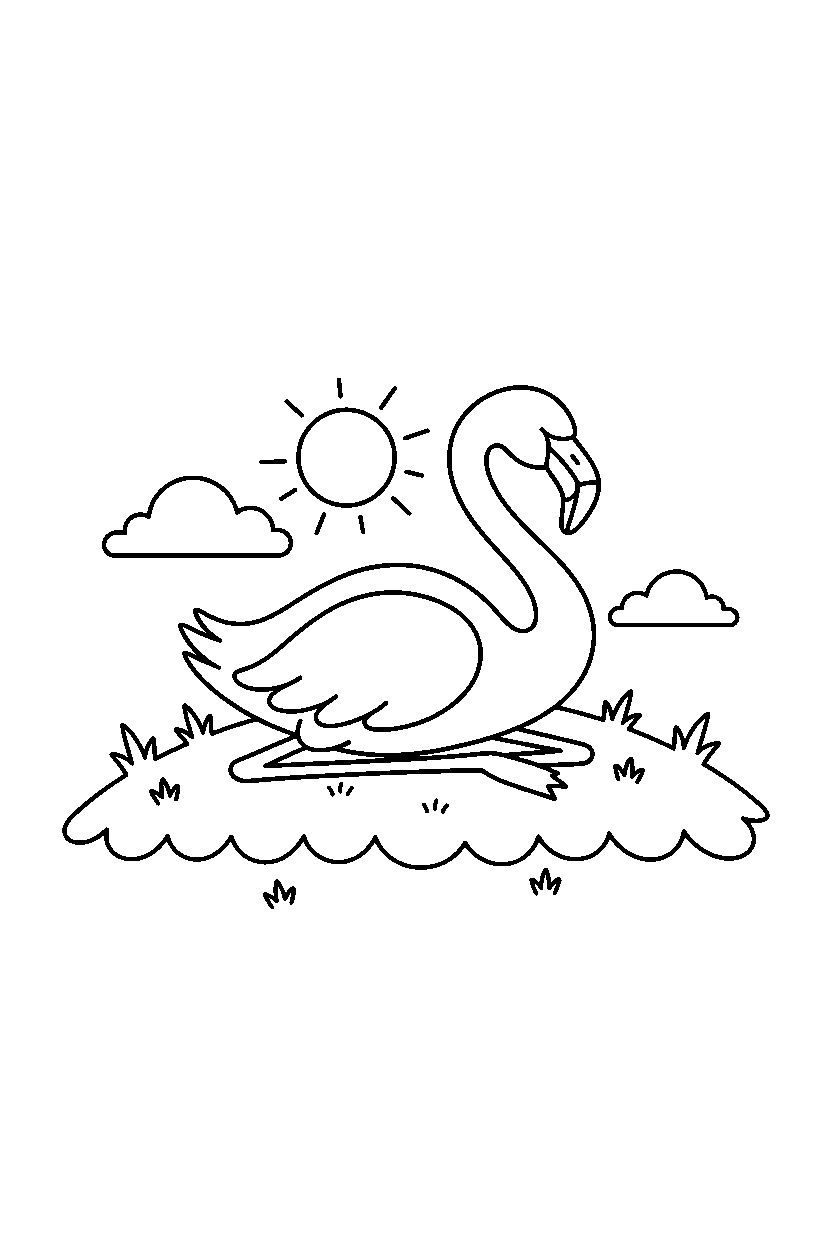 flamingo resting peacefully on a grassy hill line art