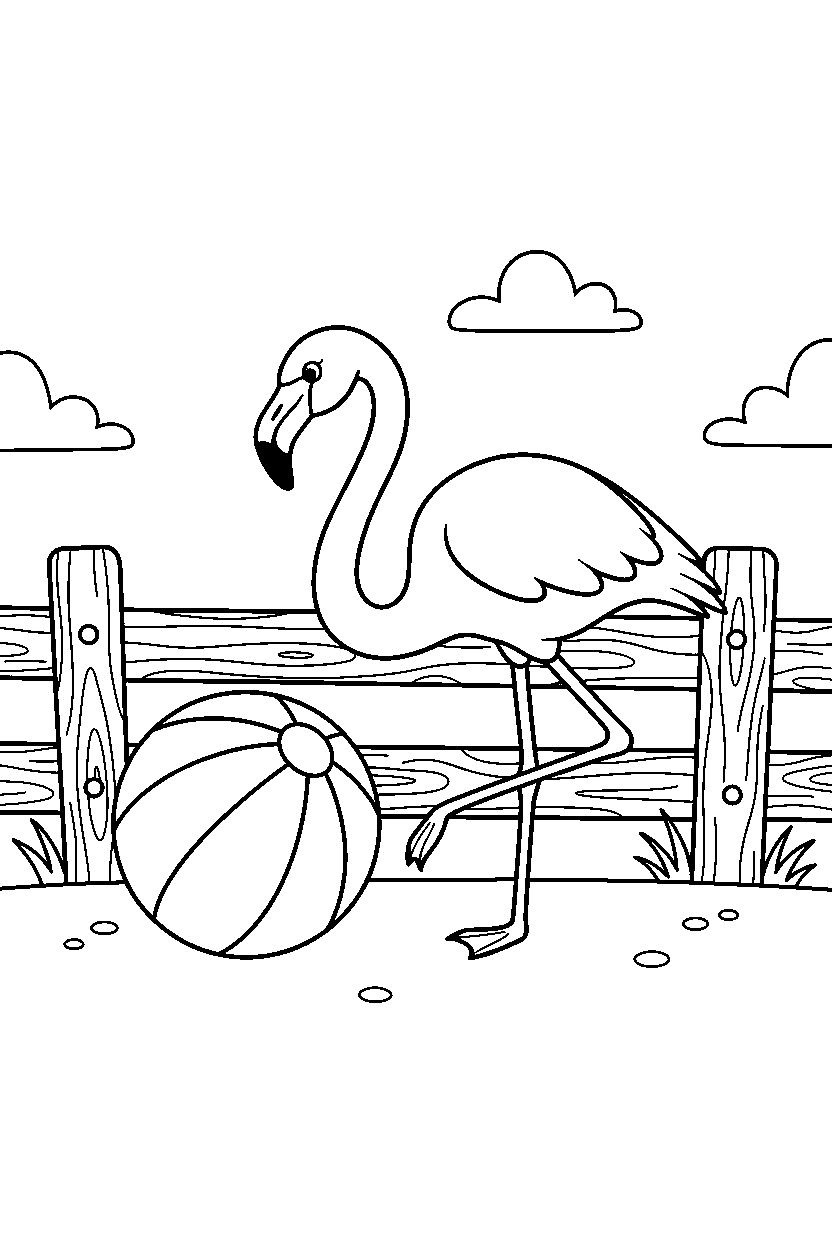 flamingo rolling a ball near a wooden fence line art
