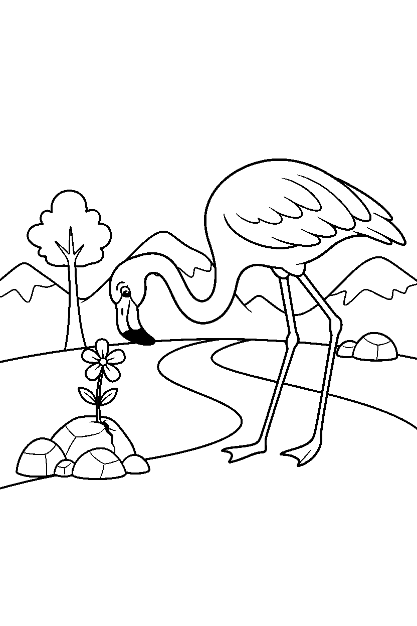 flamingo sniffing curiously on a mountain trail line art