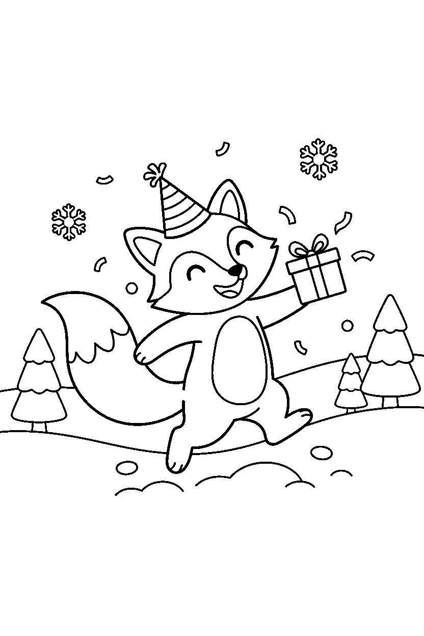 fox celebrating happily in the snow line art