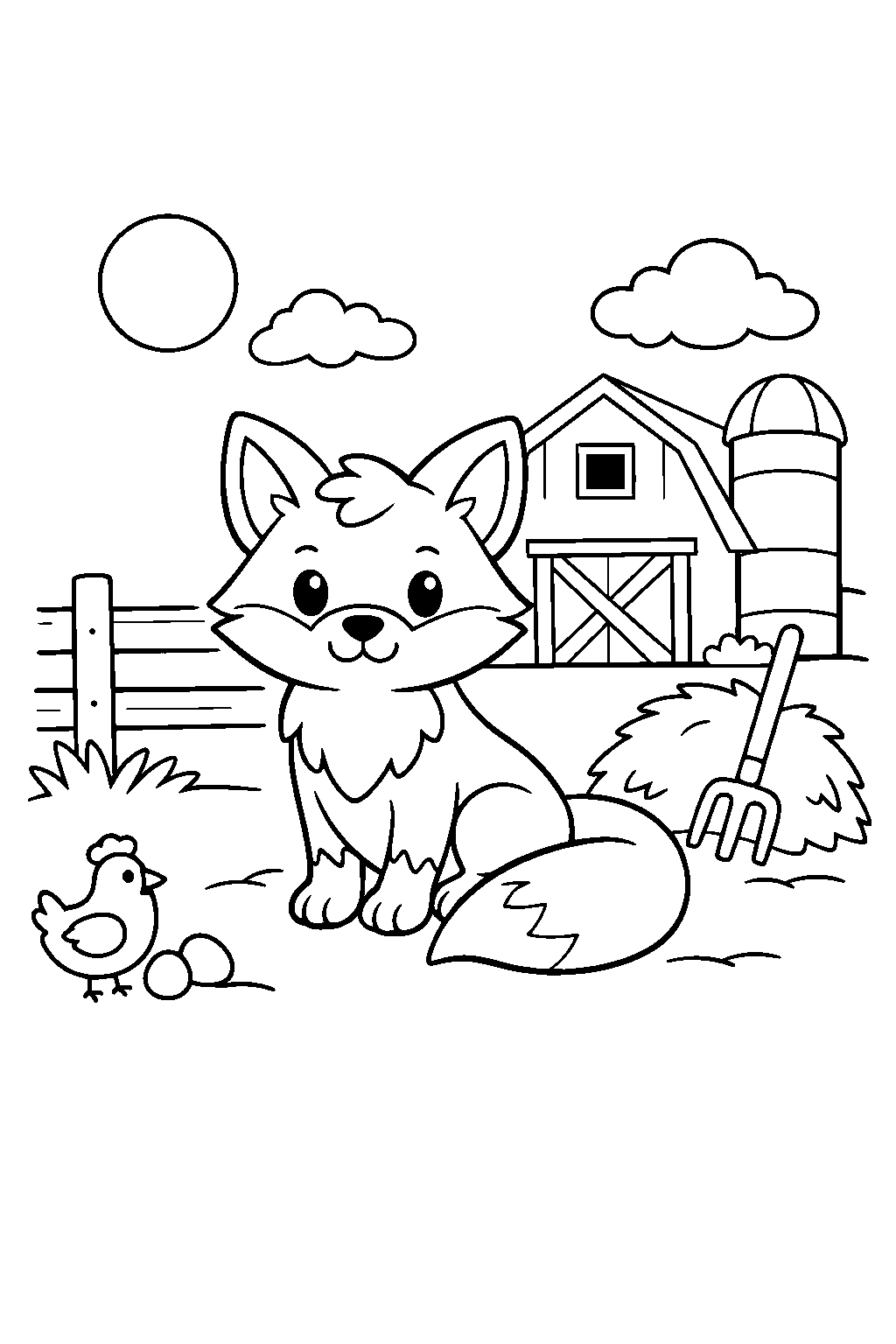 fox drawing in a barnyard line art