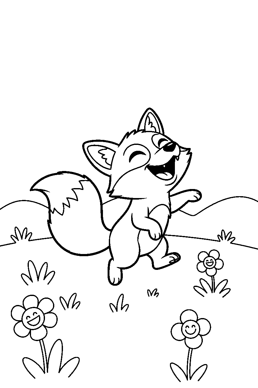 fox laughing playfully in an open field line art