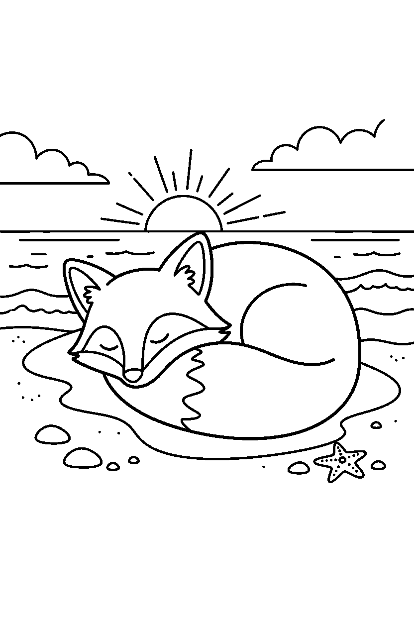 fox napping calmly on an ocean beach line art