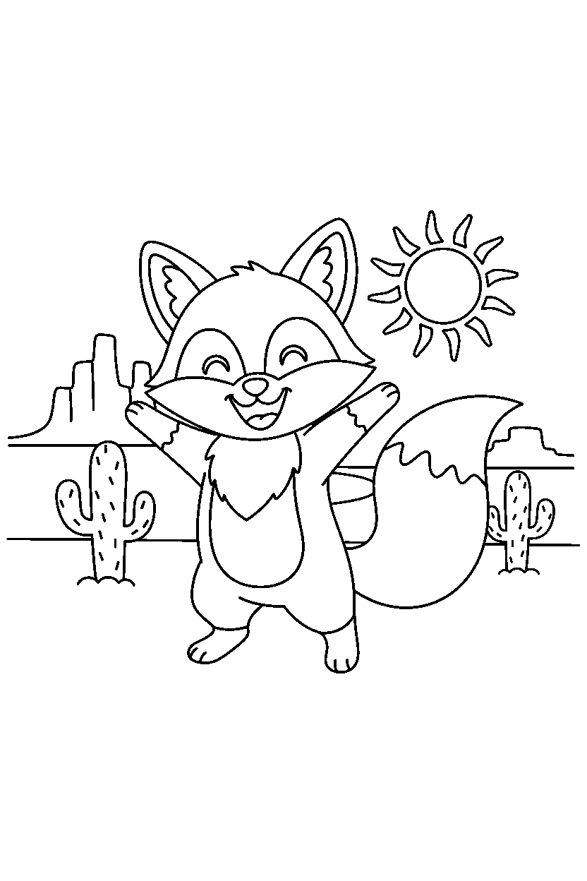 fox posing happily in a desert line art