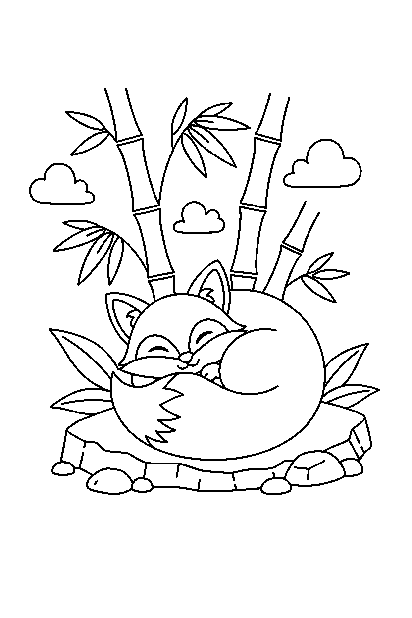 fox relaxing peacefully in a bamboo forest line art