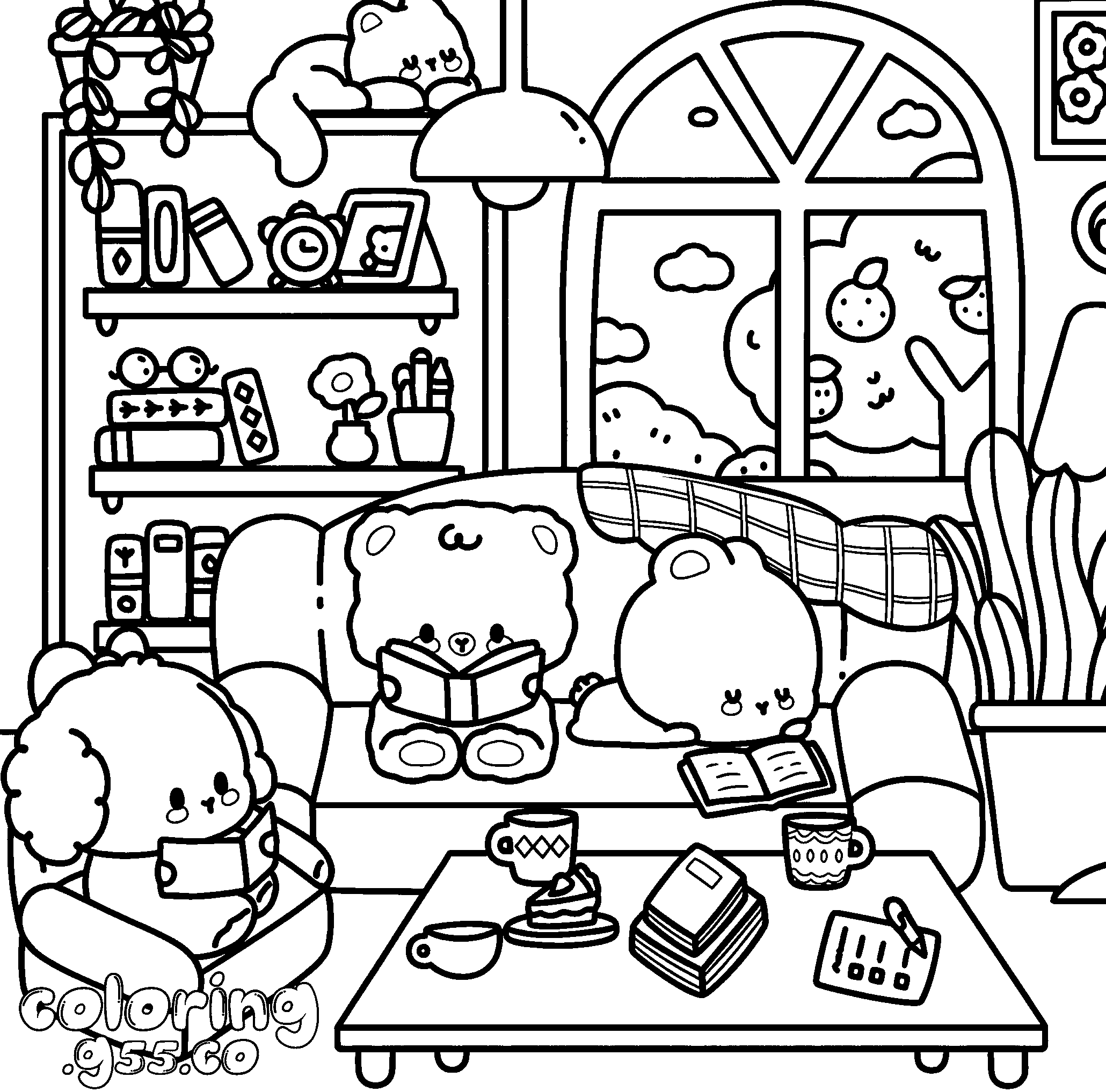 cozy reading room animals line art for kids cute bears and bunny sheet
