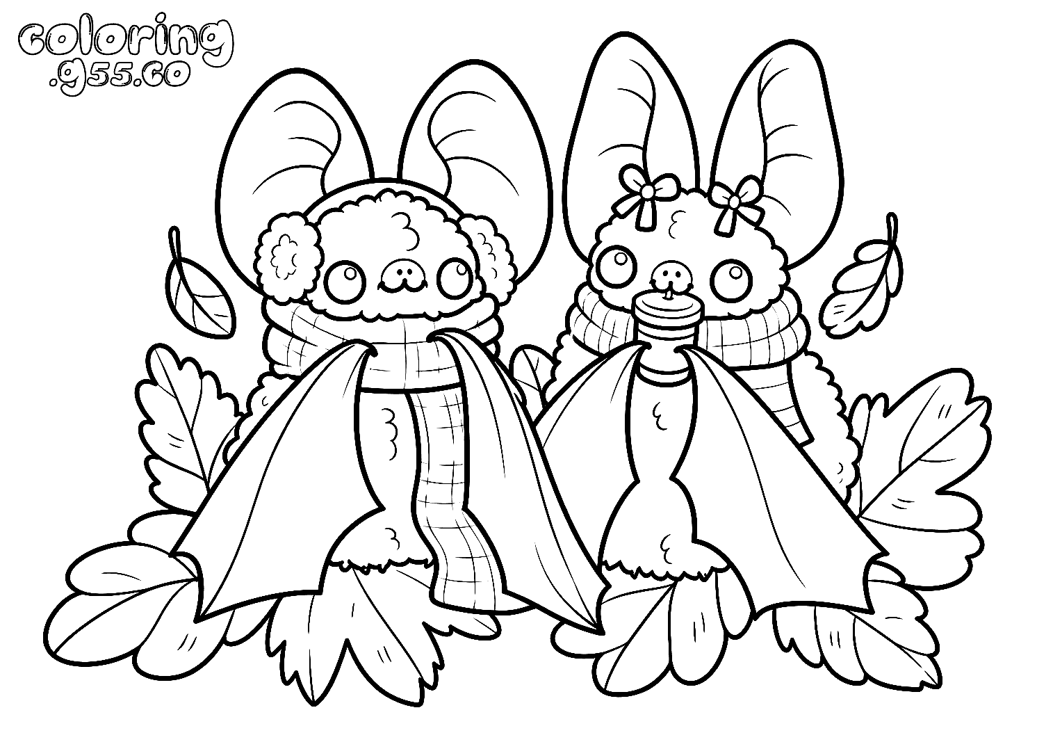 cute autumn bats in scarves line art for kids