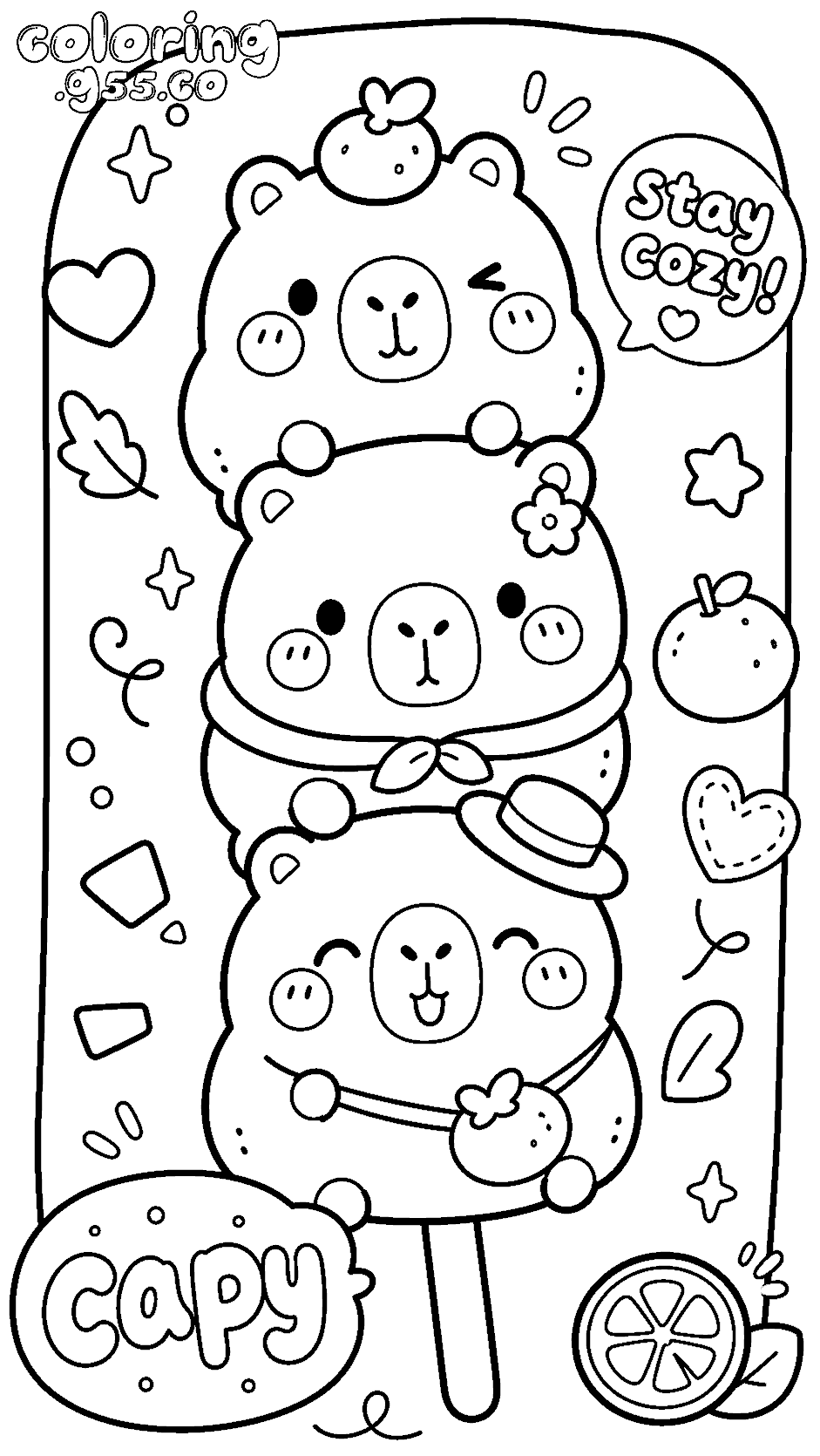 cute capybara dango skewer line art for kids kawaii animals sheet