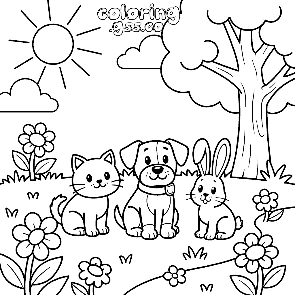 cute cat dog and bunny line art for kids happy animals meadow sheet