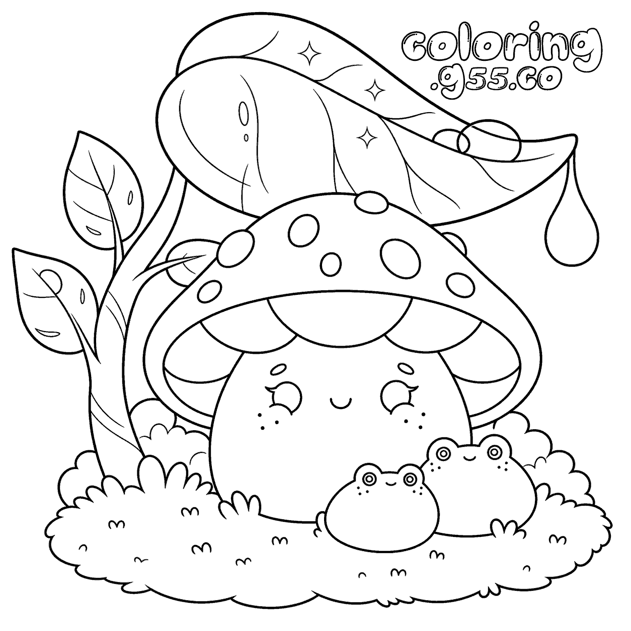 cute mushroom and frogs line art for kids kawaii nature sheet