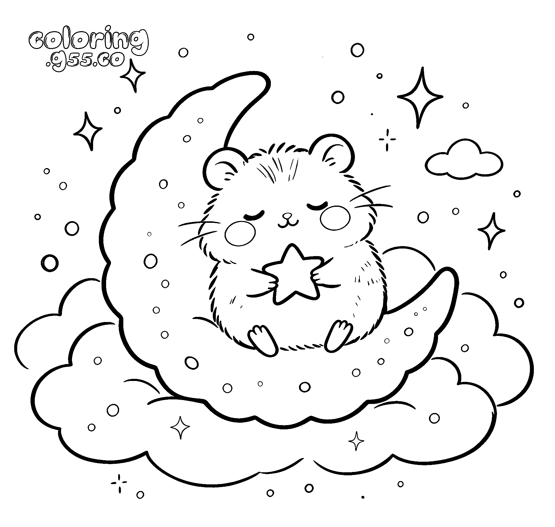 cute sleeping hamster on moon line art for kids kawaii night animals sheet