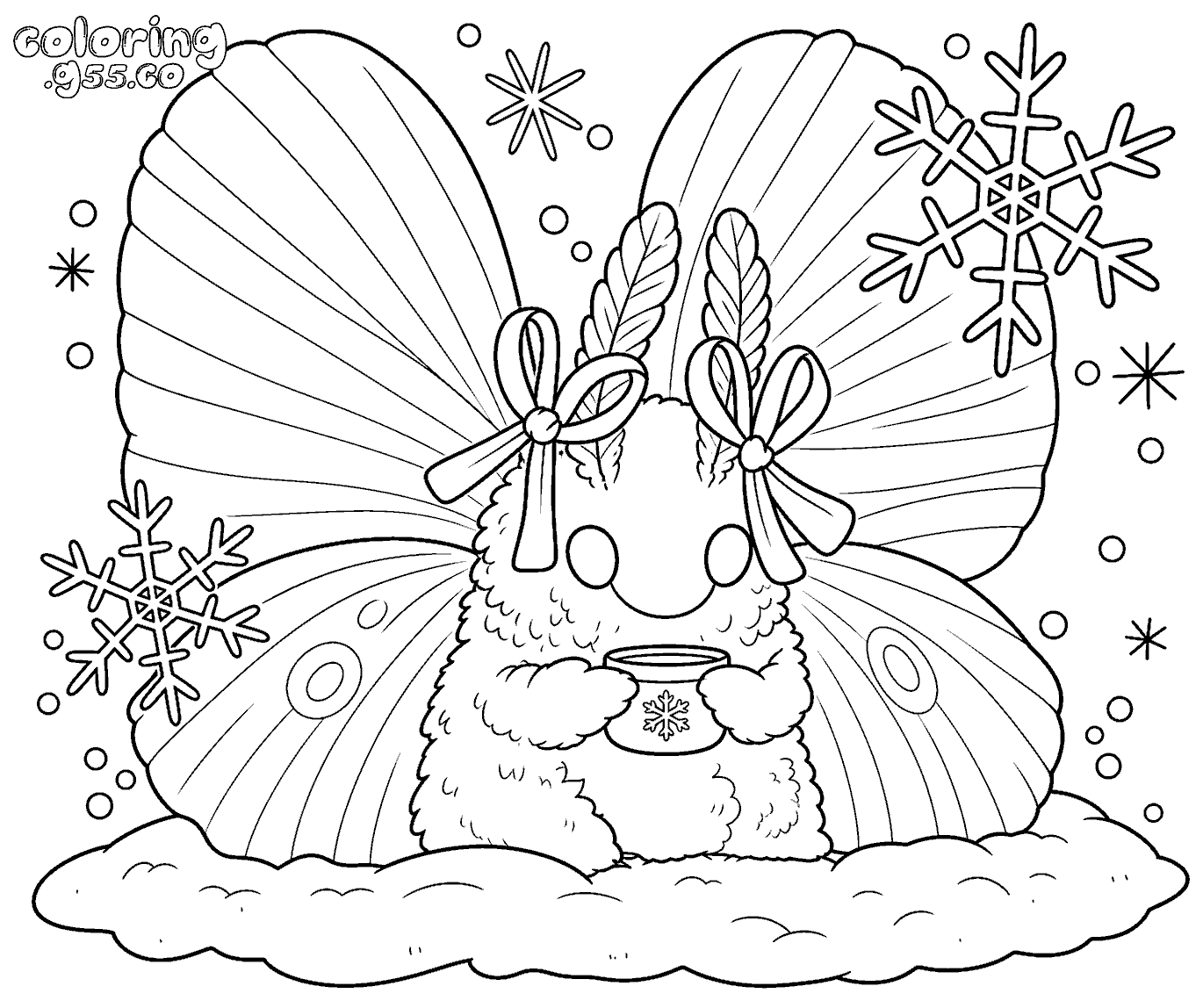 cute winter moth with hot cocoa line art for kids