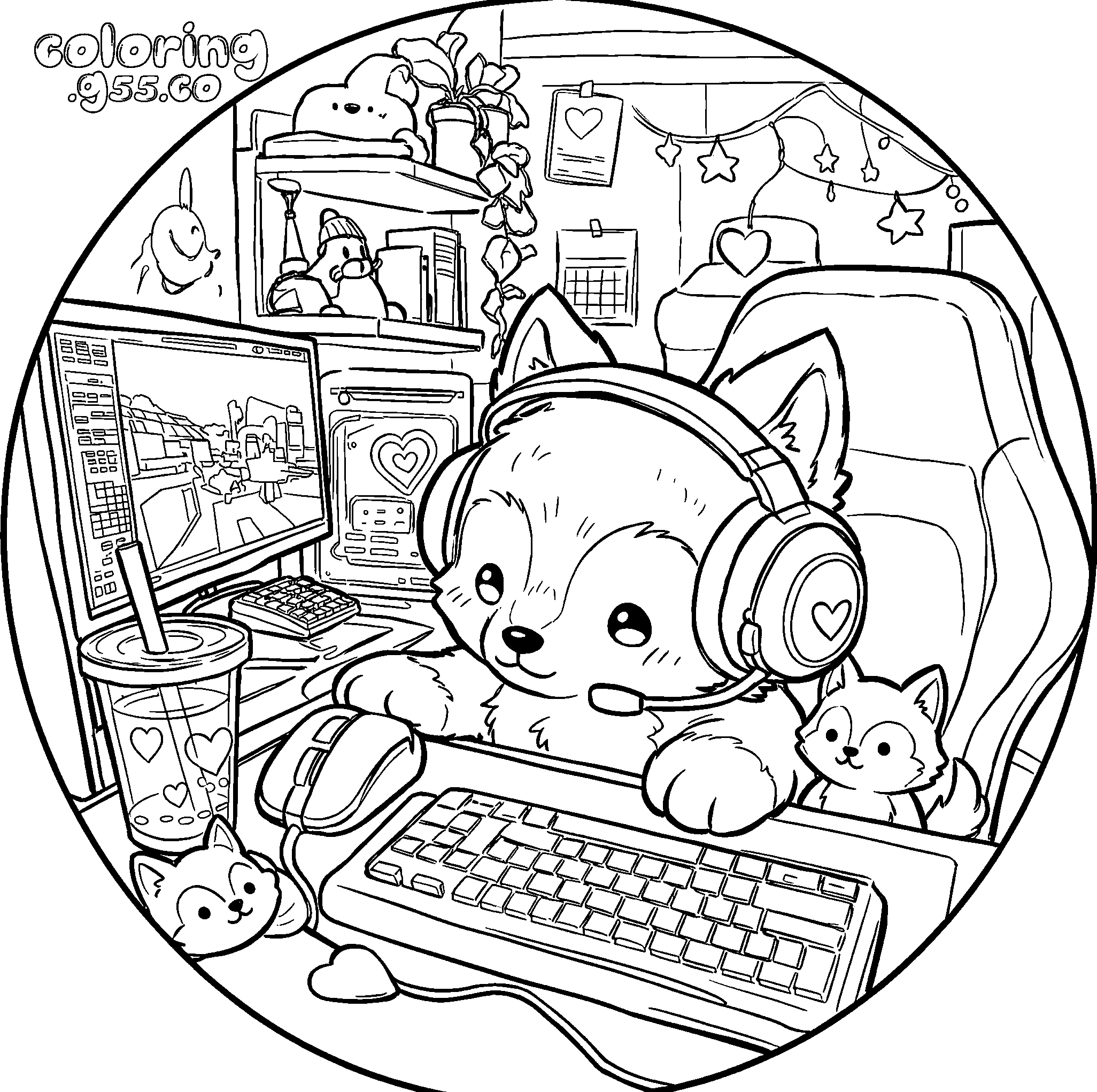 gamer wolf pc setup line art