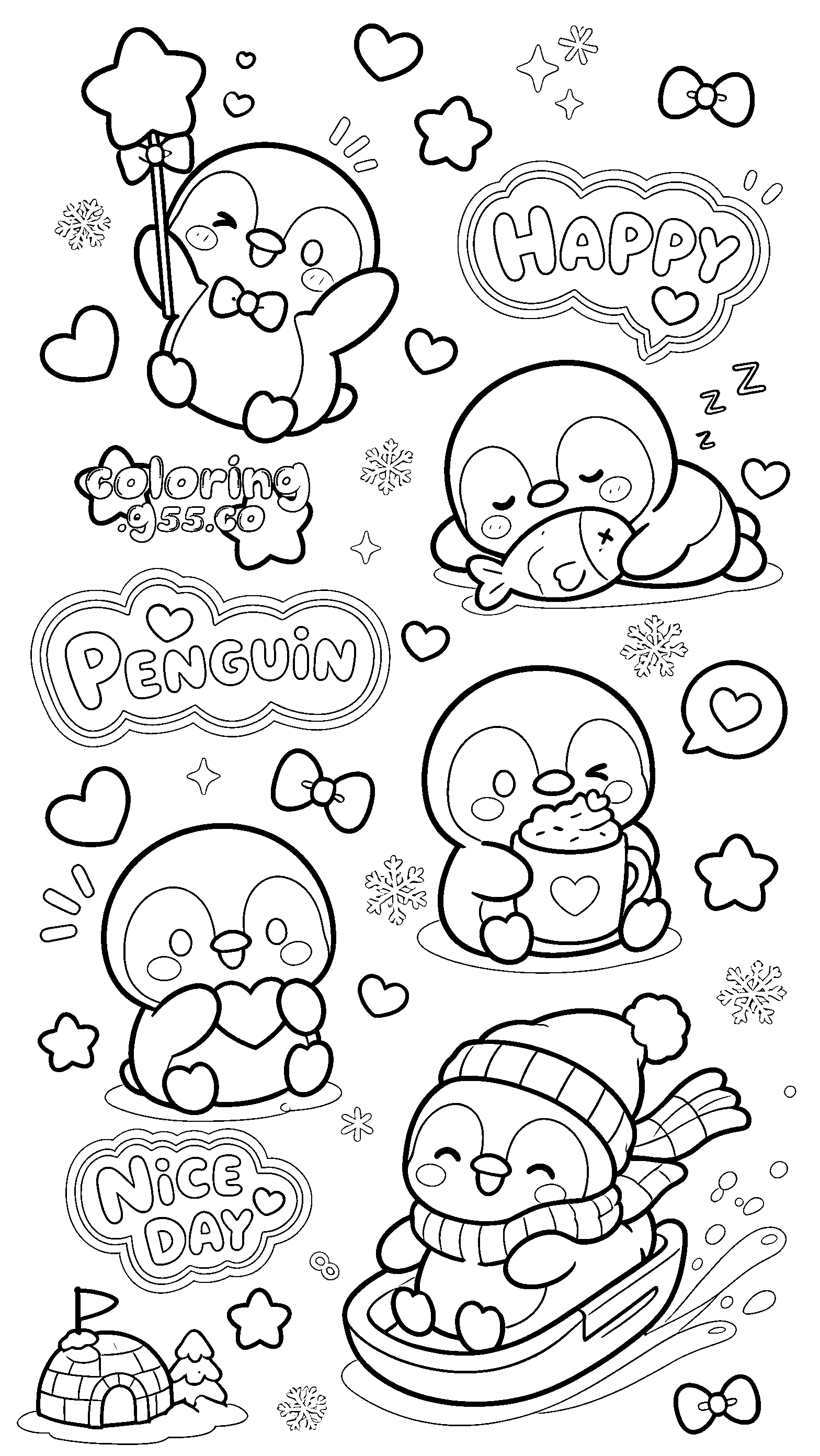 kawaii baby penguins line art for kids