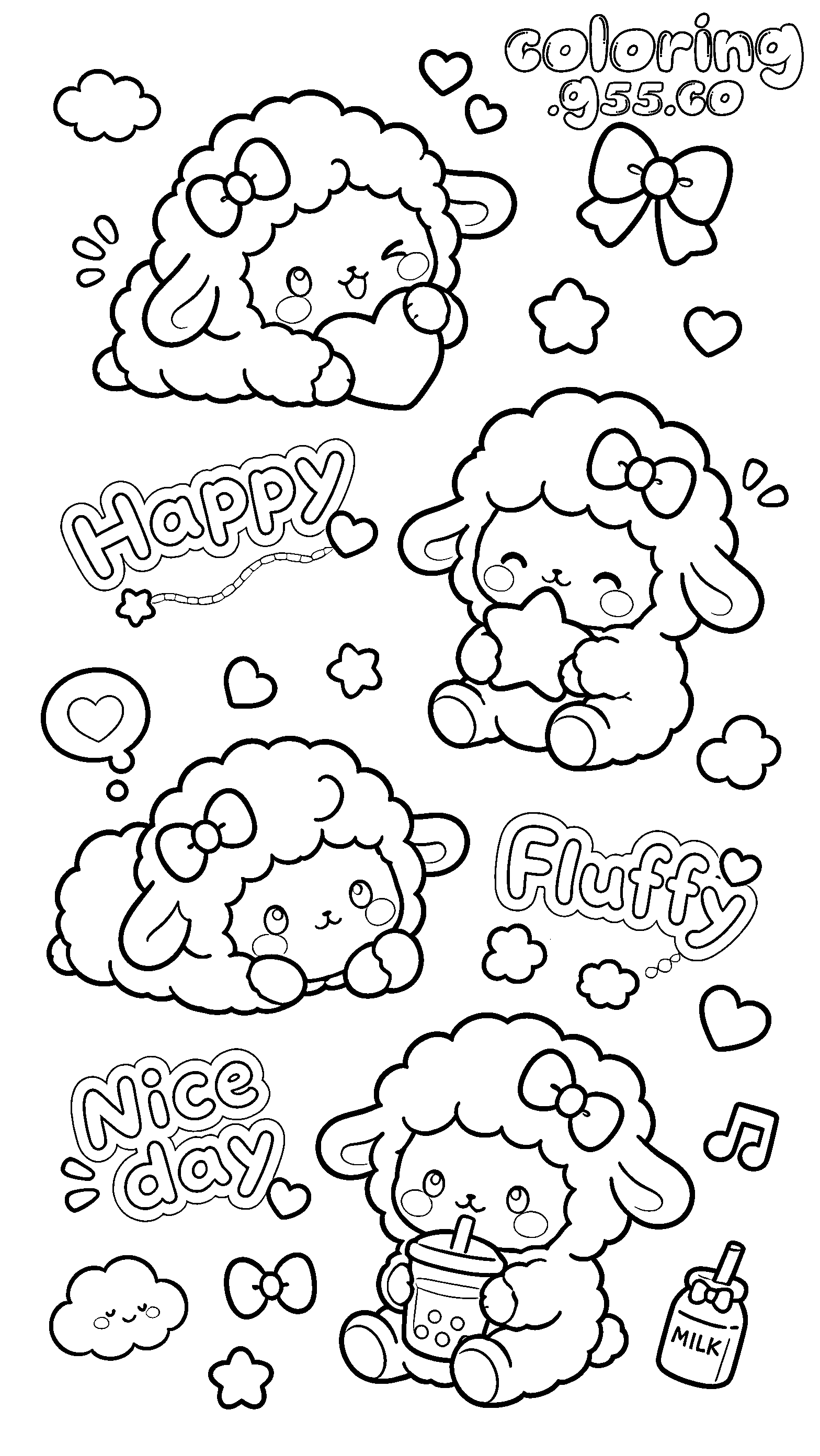 kawaii fluffy sheep stickers line art for kids