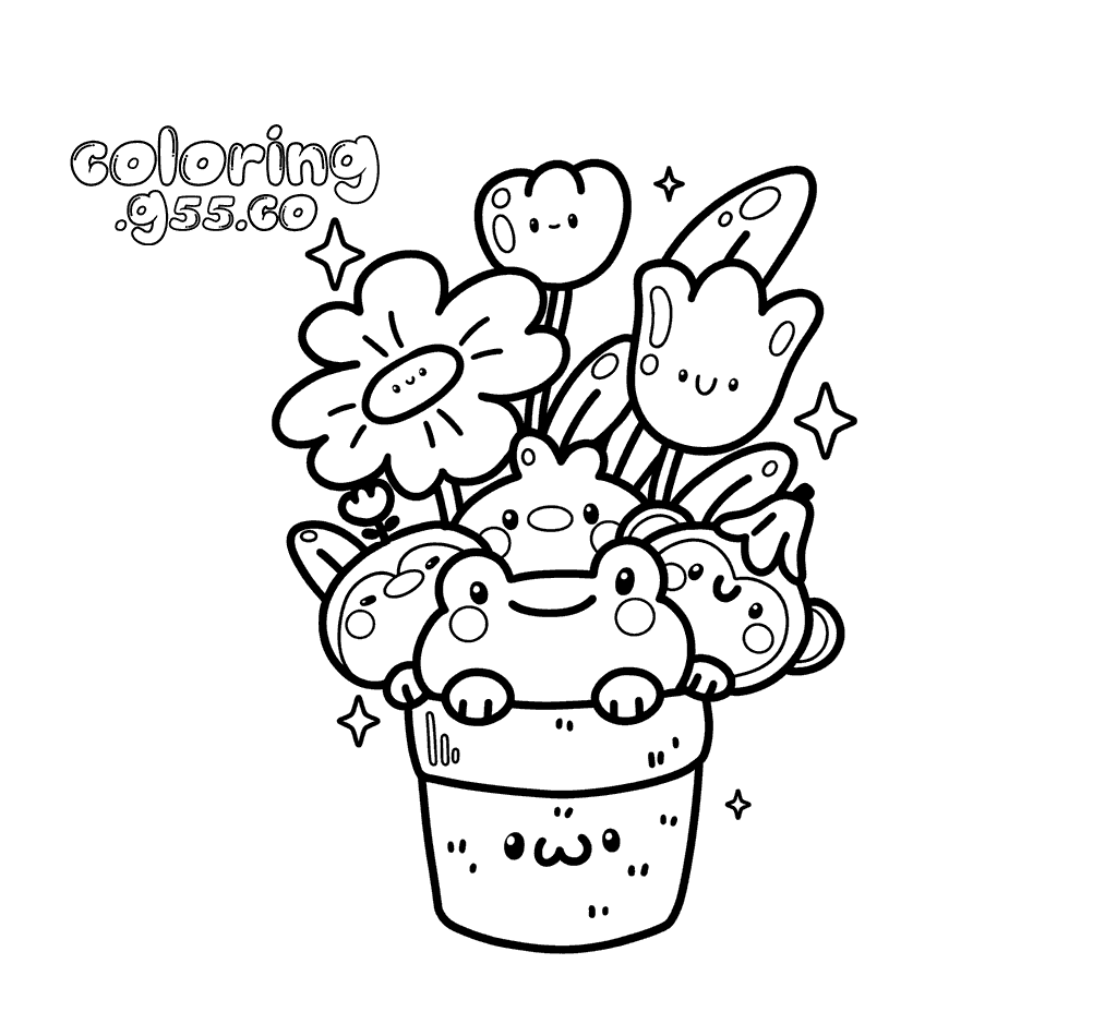 kawaii frog and flowers pot line art for kids cute garden animals sheet
