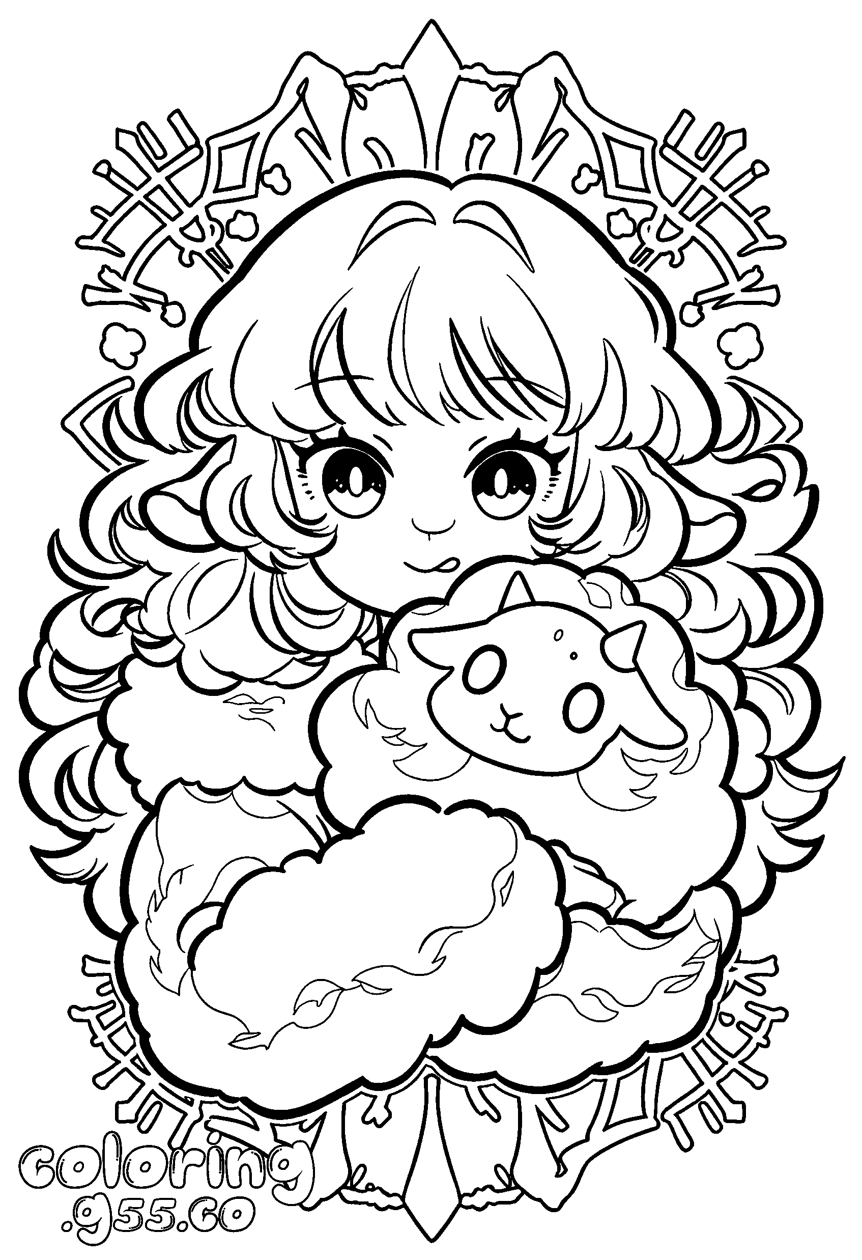 kawaii girl with cute sheep line art