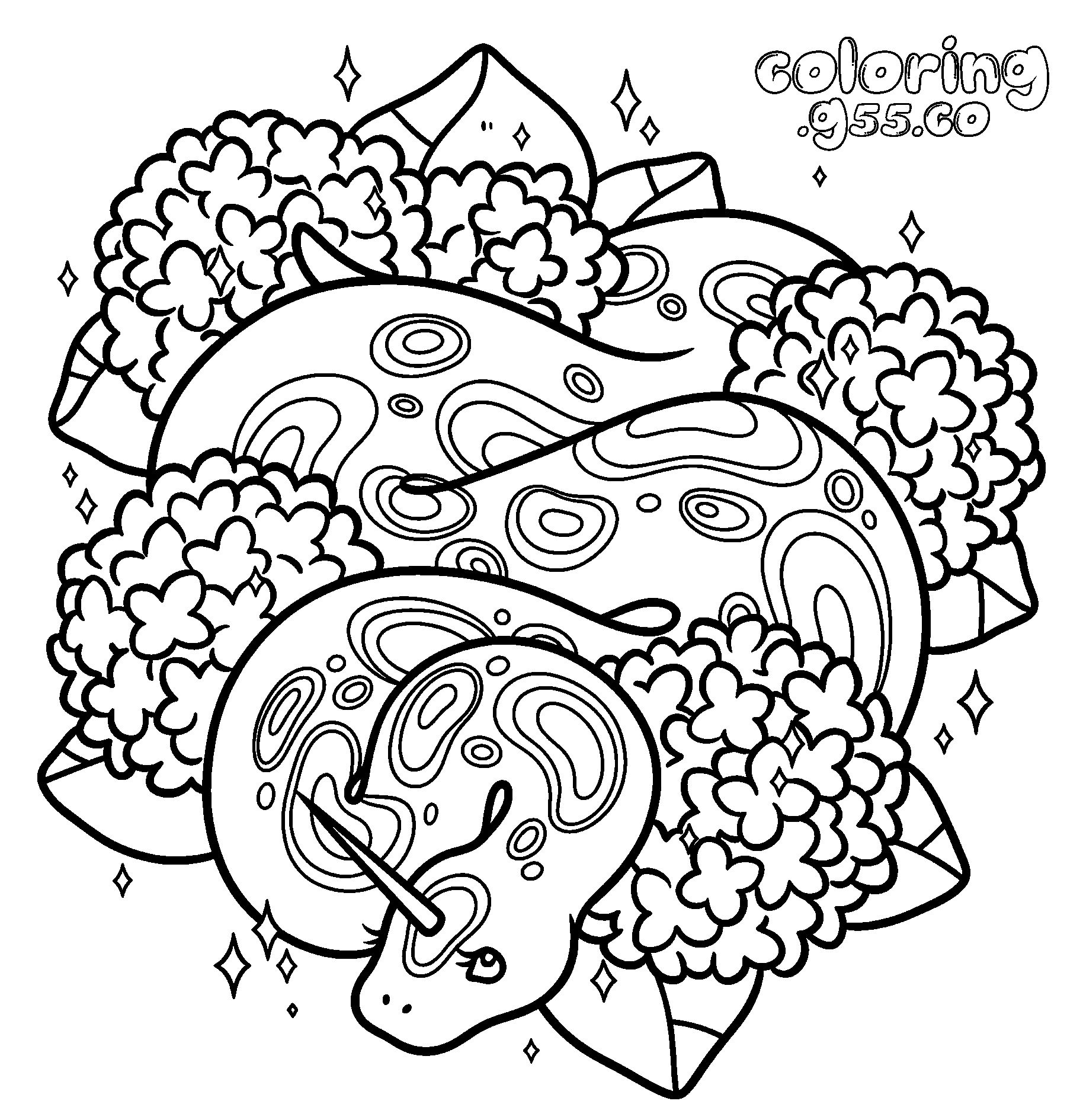 magical snake unicorn in hydrangea flowers line art for kids fantasy animals sheet