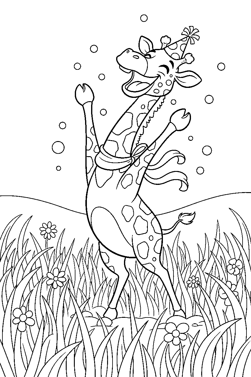 giraffe celebrating happily in tall grass line art