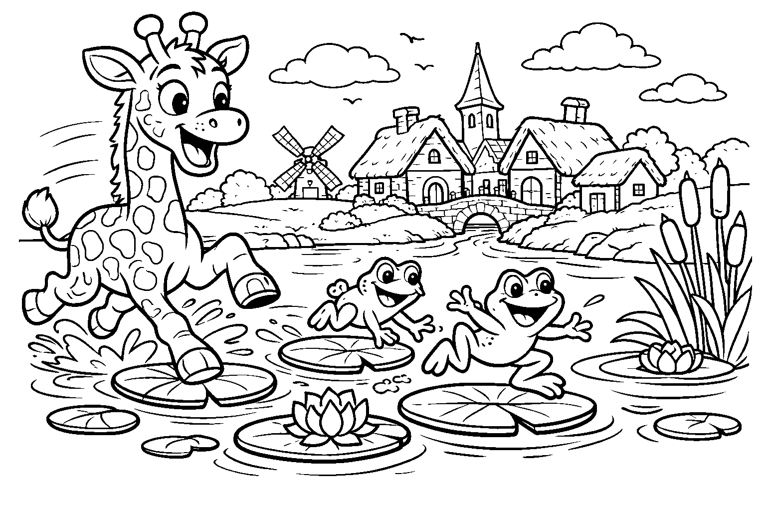 giraffe chasing frogs line art