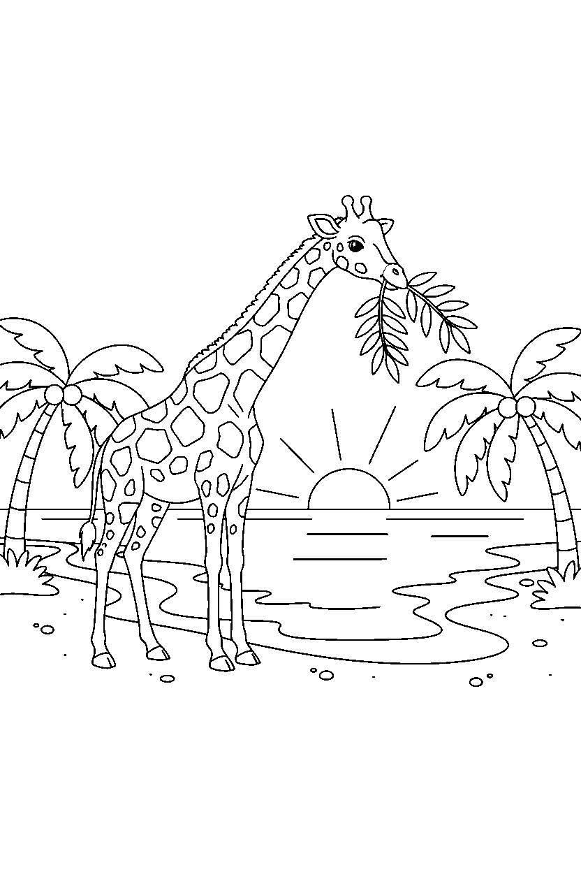 giraffe eating a snack on an ocean beach line art