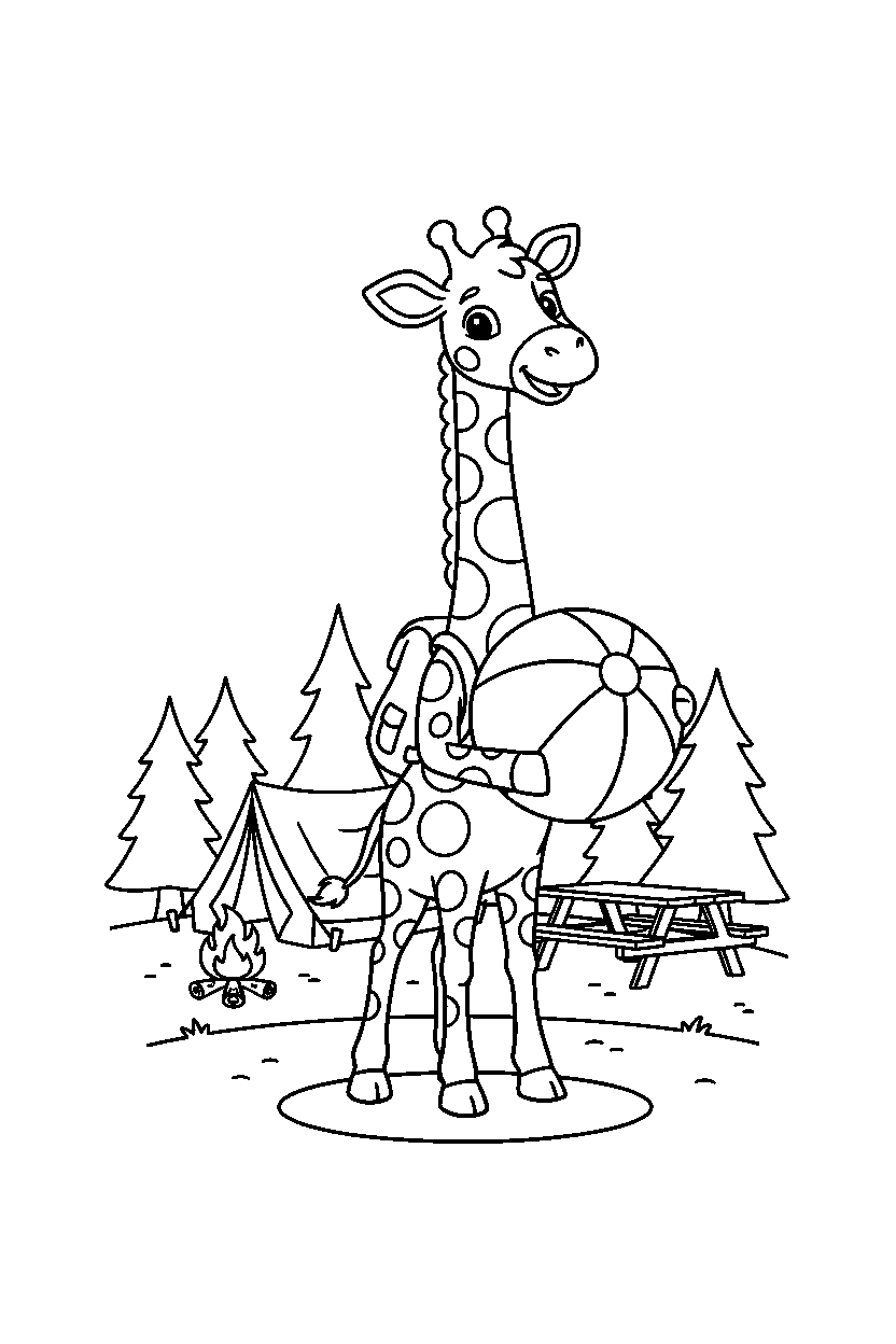 giraffe holding a ball at a campground line art