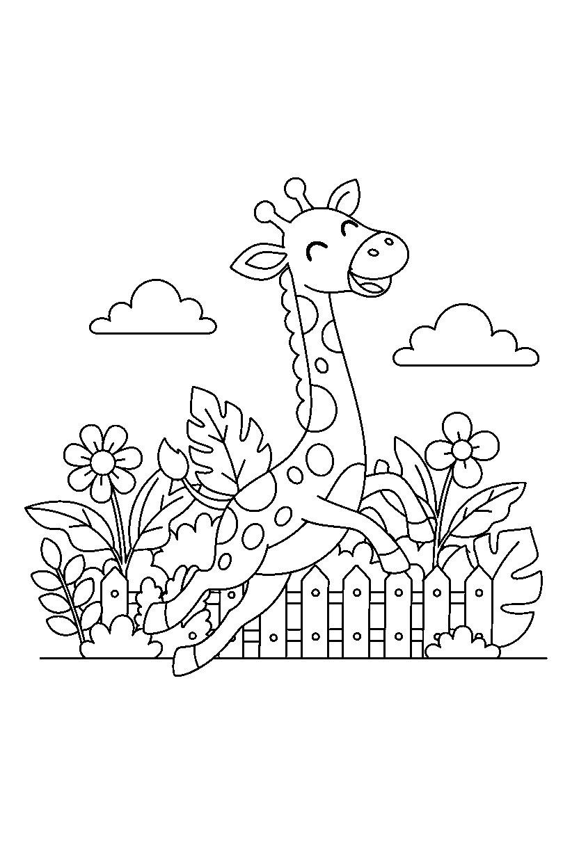 giraffe jumping playfully in a garden line art