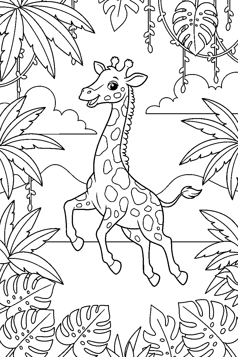 giraffe jumping playfully in the rainforest line art